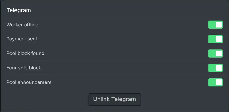 The notification settings on the miner dashboard with per-event toggles