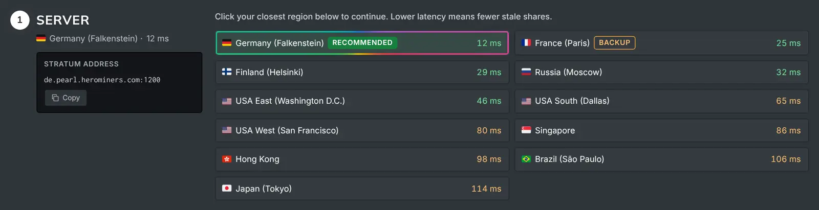 The How to Mine server step listing every region with its measured latency
