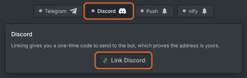 The Notifications tab with Discord chosen and the Link Discord button under it, both marked
