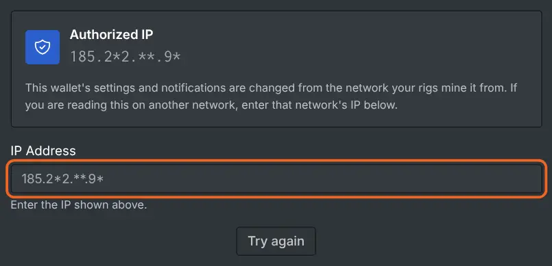 The Notifications tab asking for the IP address of the network your rigs mine from, under the authorized IP the pool has seen