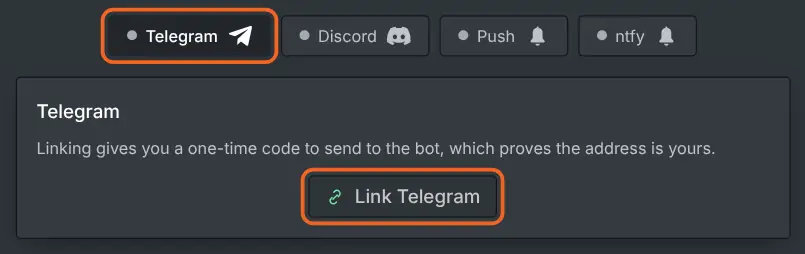 The Notifications tab with Telegram chosen and the Link Telegram button under it, both marked