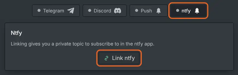 The Notifications tab with ntfy chosen and the Link ntfy button under it, both marked