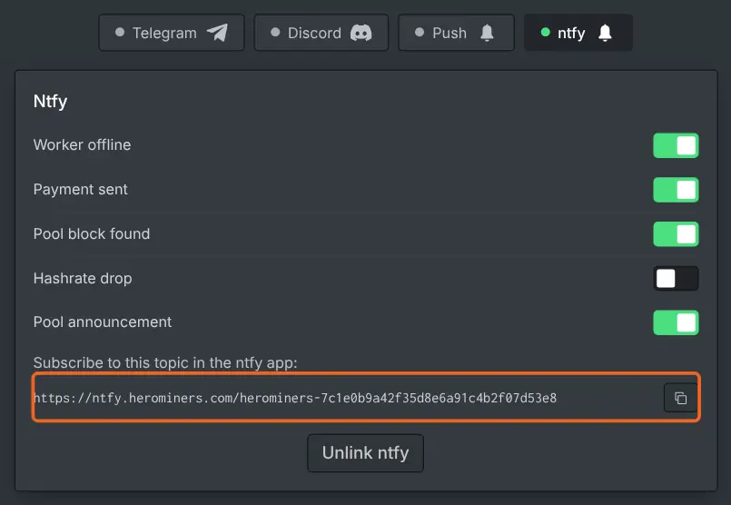 The ntfy card on the miner dashboard showing the private topic address with a copy button beside it, under a switch for each event