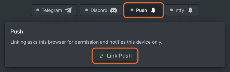 The Notifications tab with Push chosen and the Link Push button under it, both marked