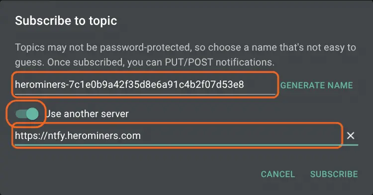 The Subscribe to topic window of the ntfy app, with the topic name filled in, Use another server turned on and the server address entered, all three marked
