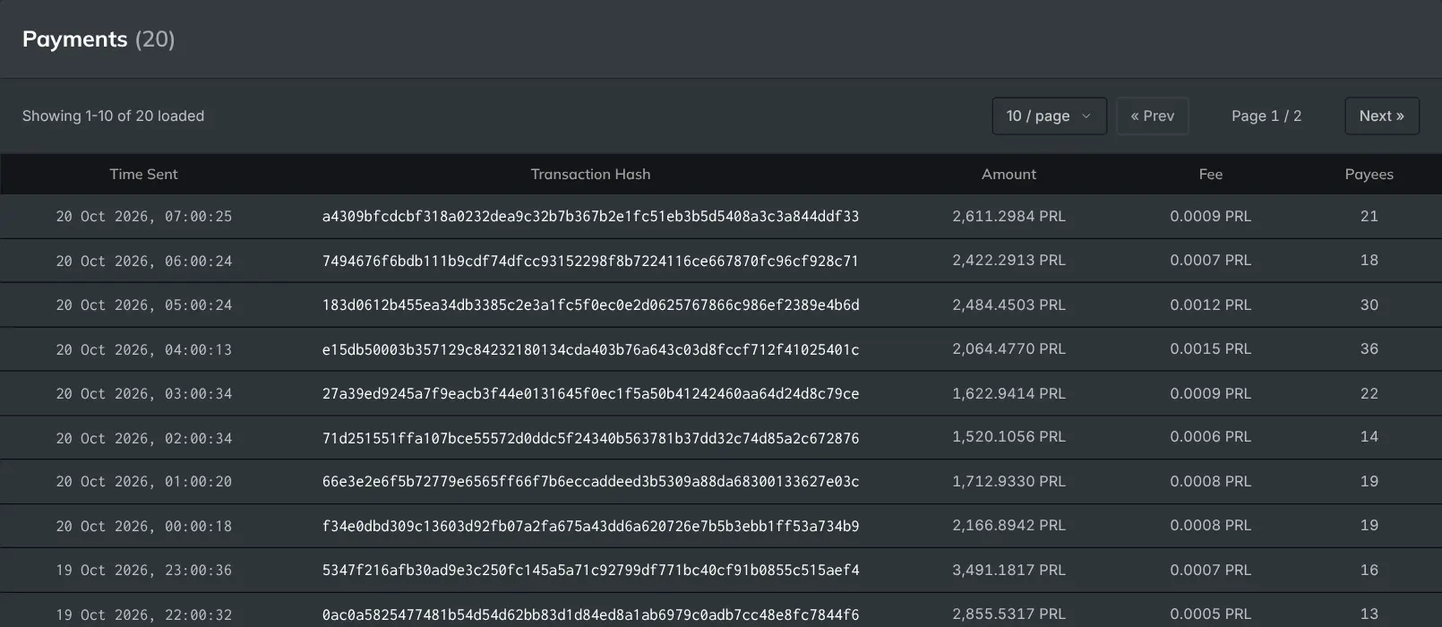 The payments table with a fee column and a payee count on every row