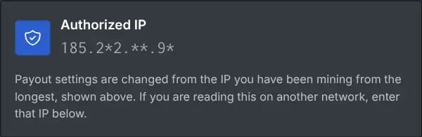 The payout settings box showing the authorized IP, masked